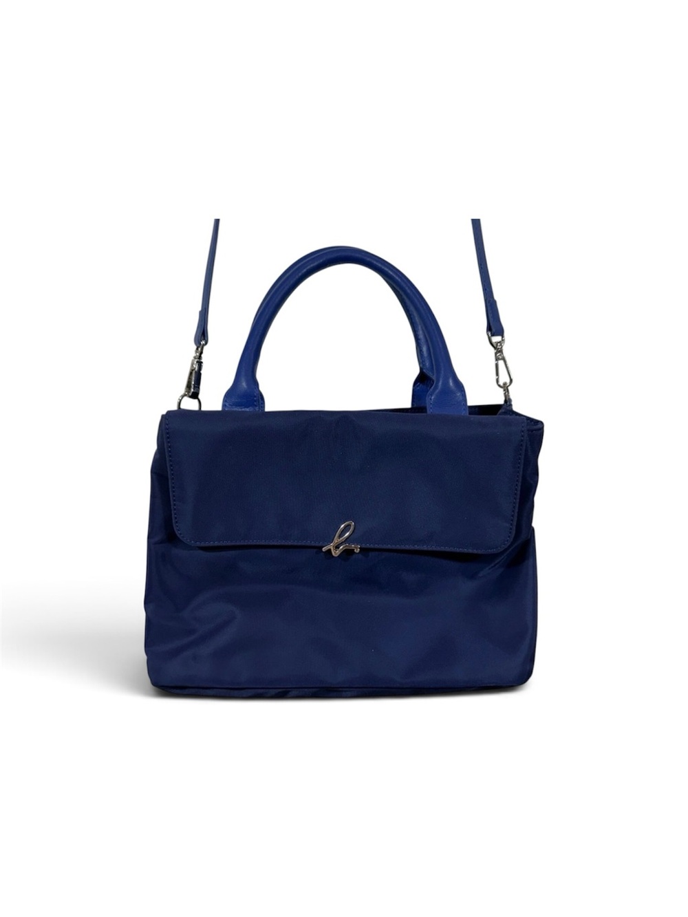 EUC Agnes b voyage Tote Bag Small Blue Nylon Leather Trim Spacious